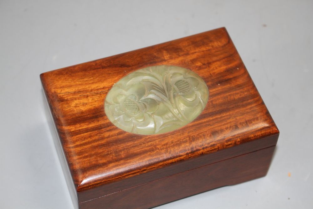 A Chinese hardwood box with inset bowenite jade panel, 13cm